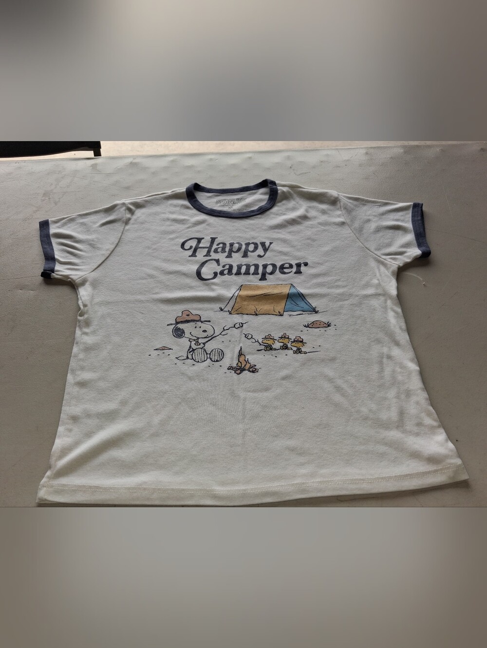 Peanuts White Tee with Navy Trim and Camping Graphic